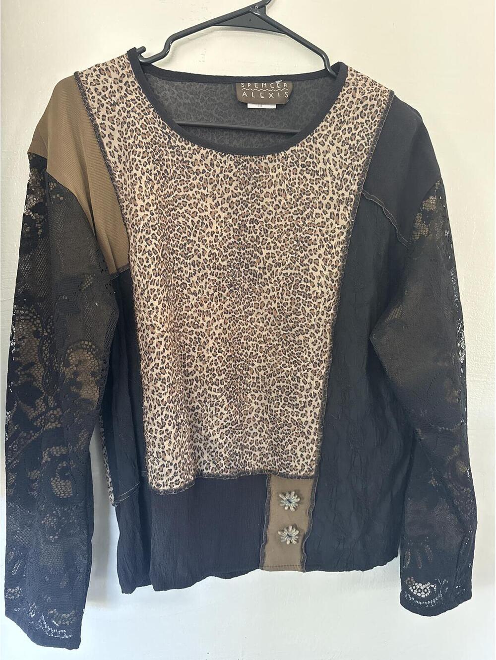 Spencer Alexis Vintage Leopard Lace Patchwork Mixed Media Top Size 14